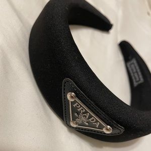 Prada black nylon head band logo padded